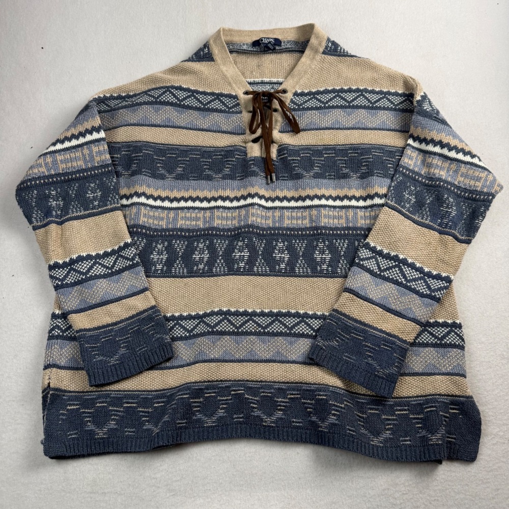 Chaps Womens Blue Tan Southwestern Fair Isle Lace Up V-Neck Knit Sweater Large - Picture 1 of 7